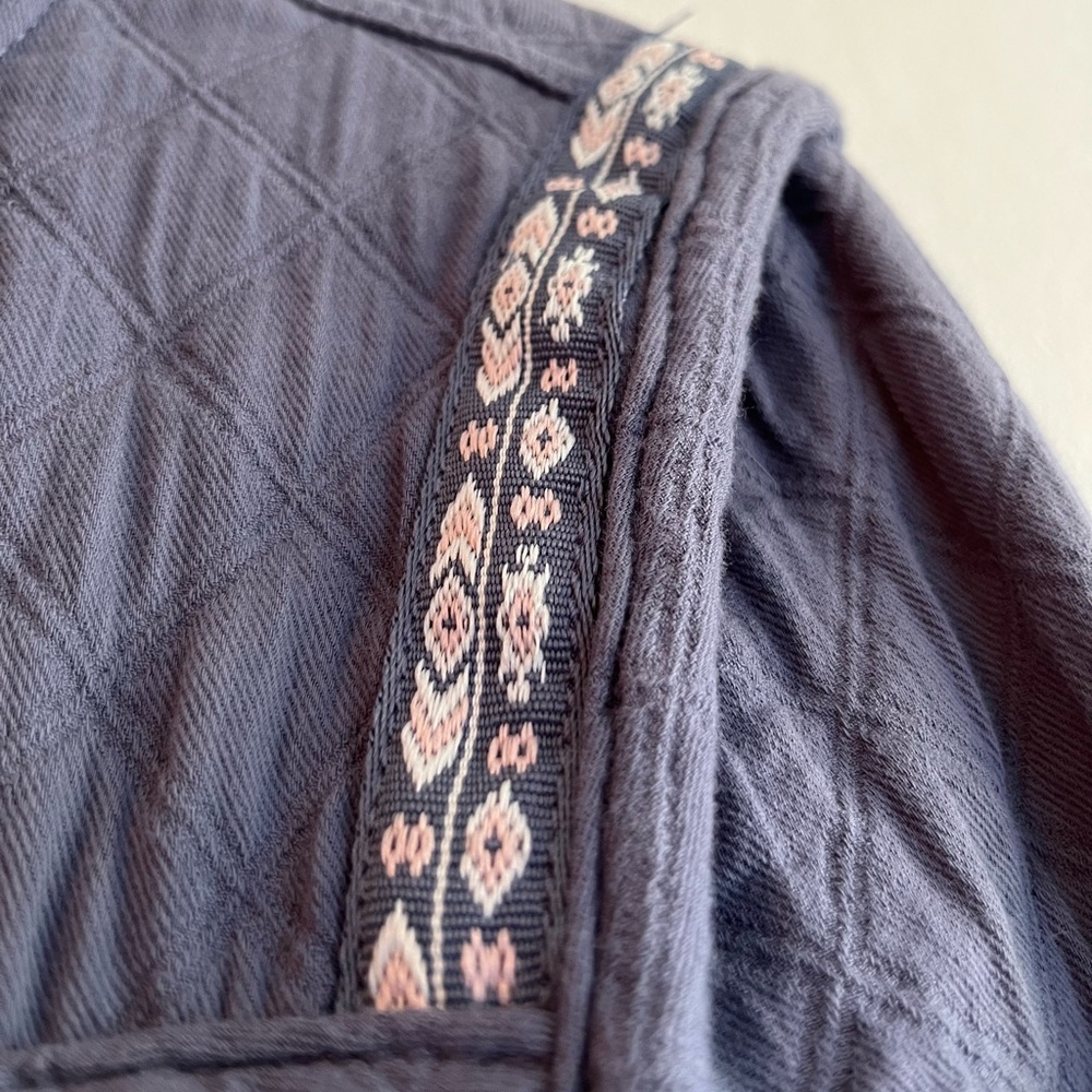 Light Blue Embroidered Trim 100% Cotton Jacket with Zipper Pockets and Sleeves